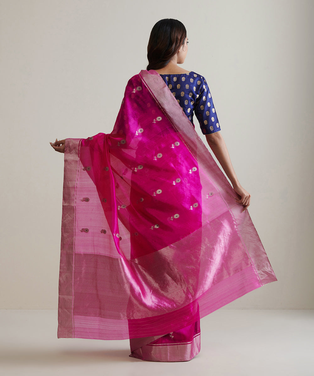 Hot_Pink_Handloom_Pure_Chanderi_Silk_Saree_With_Silver_Zari_Floral_Boota_WeaverStory_03