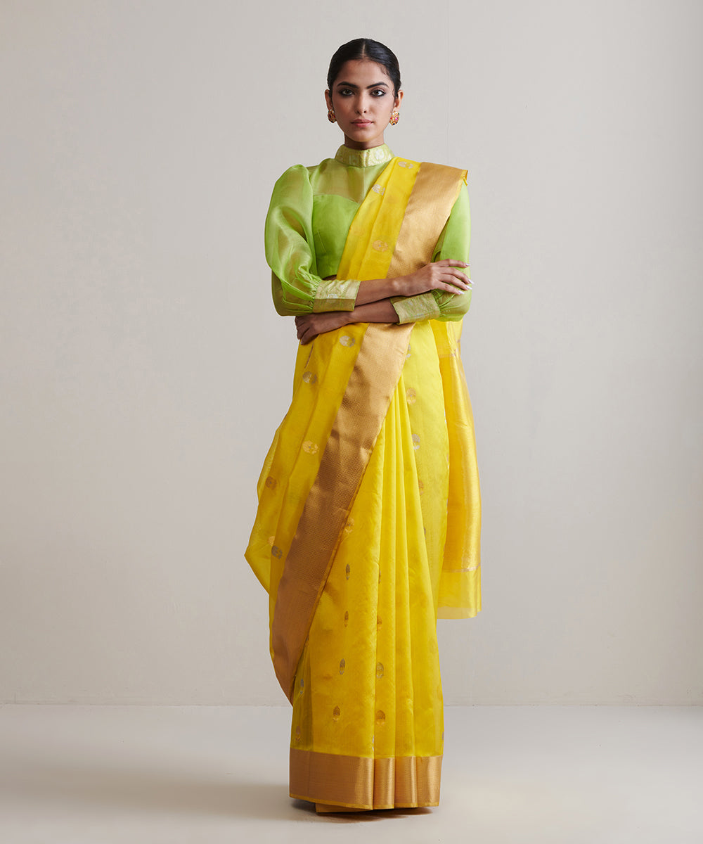 Sunny_Yellow_Handloom_Pure_Chanderi_Silk_Saree_With_Zari_Border_And_Small_Zari_Boota_WeaverStory_02