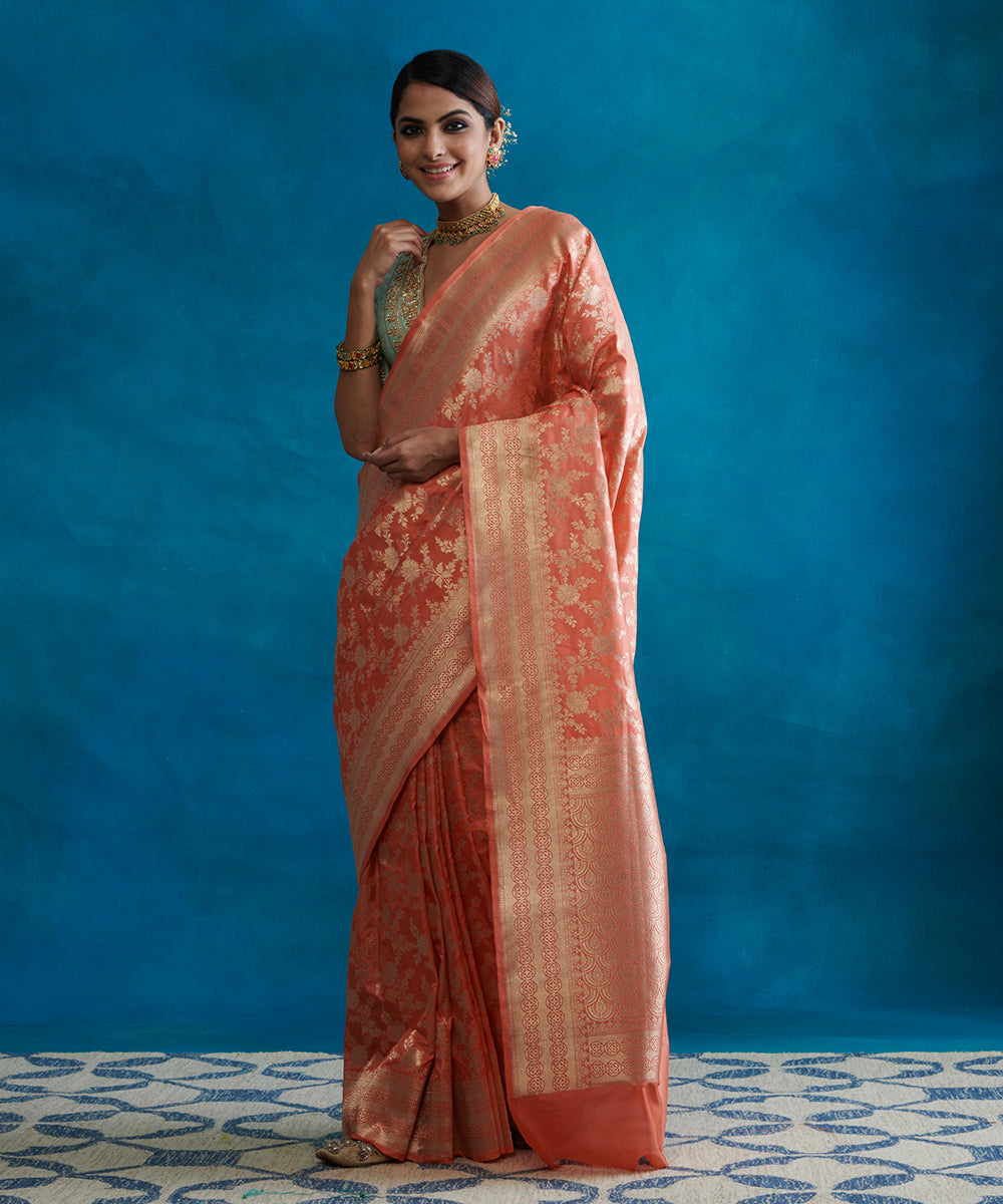 Handloom_Dark_Peach_Pure_Katan_Silk_Banarasi_Saree_With_Floral_Cutwork_Jaal_WeaverStory_02