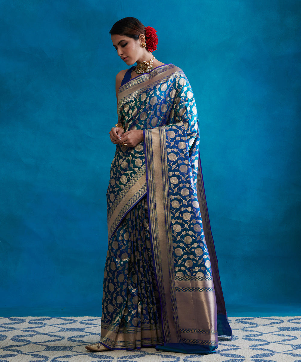 Teal_Handloom_Pure_Katan_Silk_Banarasi_Saree_With_Floral_Cutwork_Jaal_WeaverStory_02