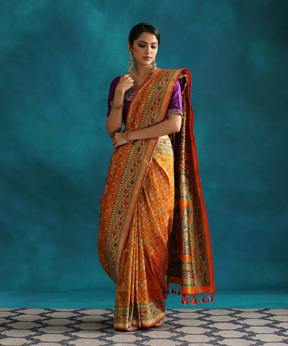 Musrtard_Handloom_Pure_Silk_Tissue_Patola_Saree_With_Meenakari_Border_WeaverStory_02