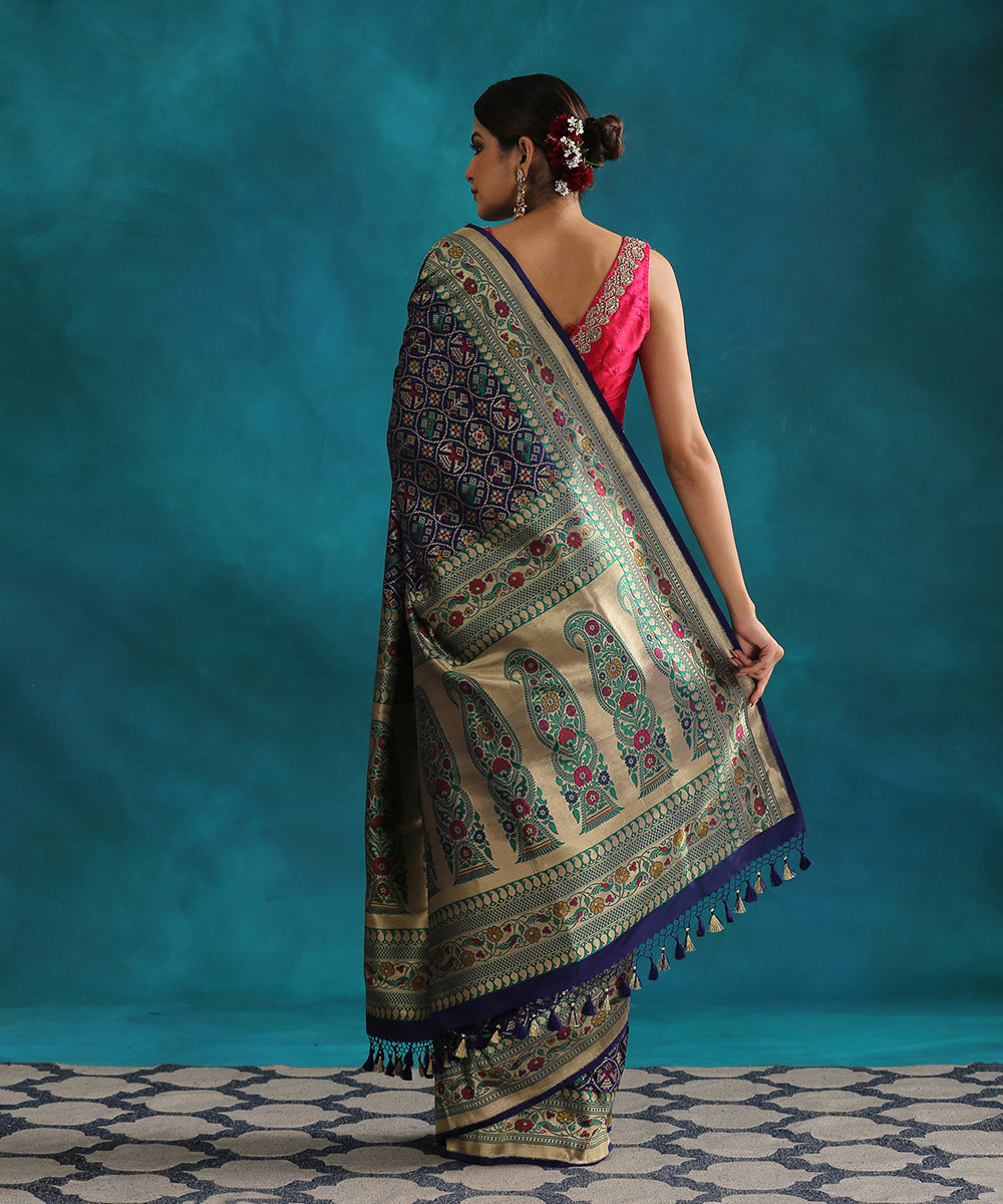 Handloom_Navy_Blue_Pure_Silk_Tissue_Patola_Saree_With_Meenakari_Border_WeaverStory_03