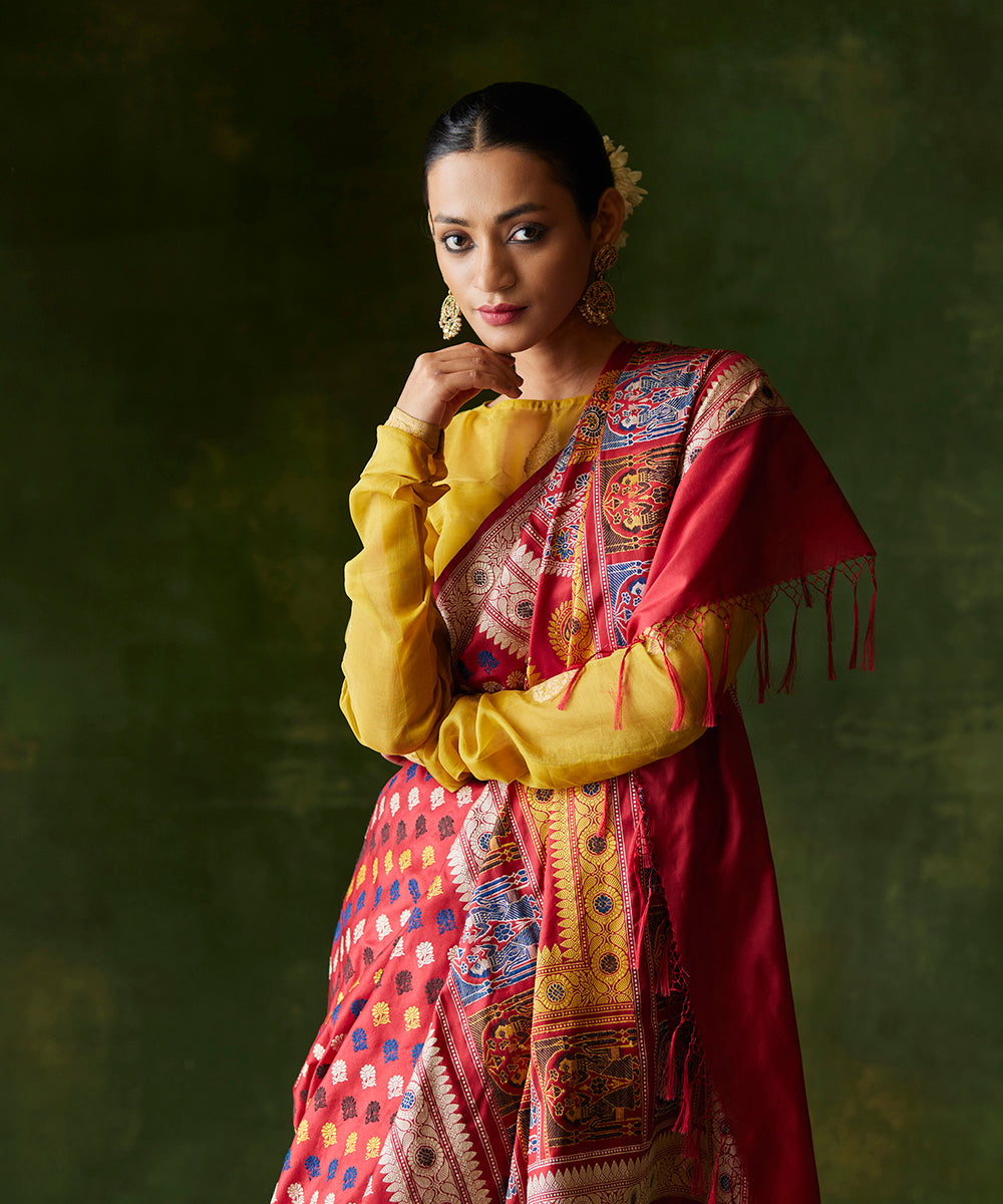 Red_Handloom_Pure_Malda_Silk_Banarasi_Baluchari_SareeWith_2_Lady_Work_In_Pallu_WeaverStory_01