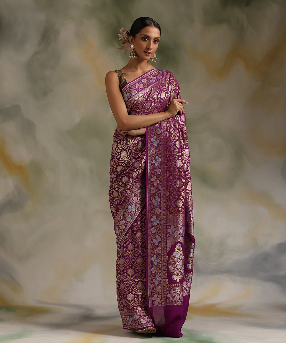 Purple_Handloom_Pure_Georgette_Banarasi_Saree_With_Meenakari_WeaverStory_02