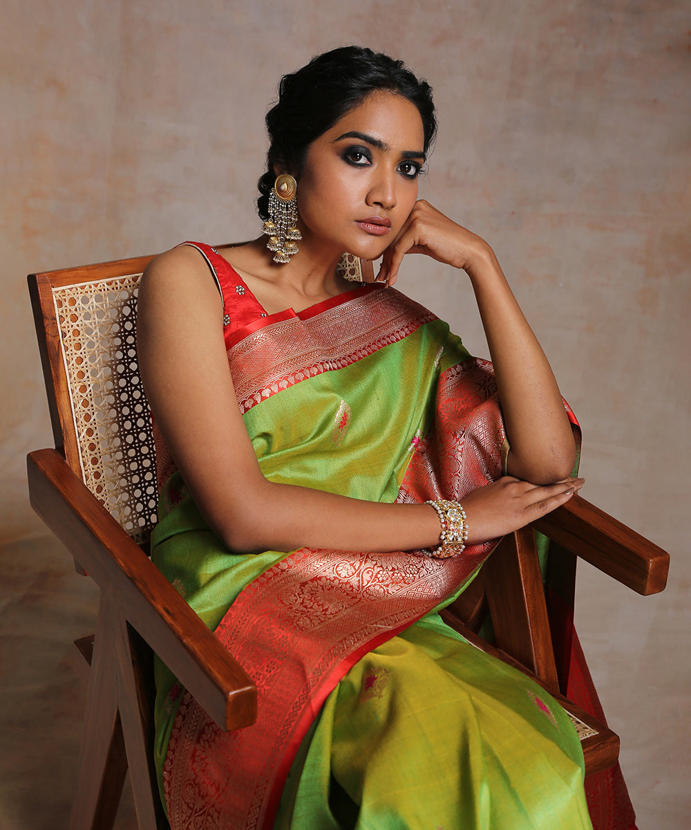 Handloom_Lime_Green_Double_Shade_Tussar_Silk_Banarasi_Saree_With_Red_Border_WeaverStory_01