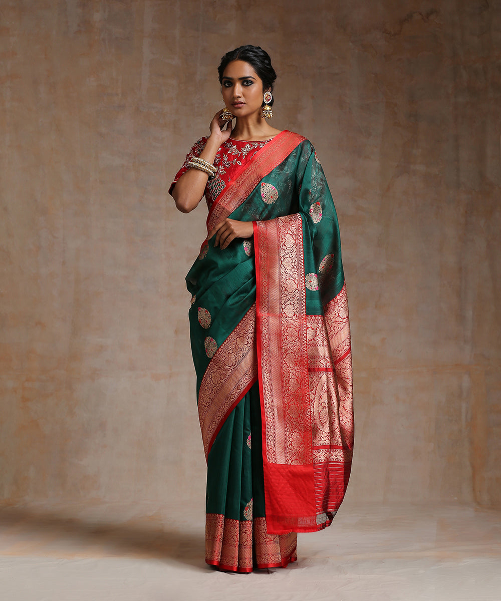 Dark_Green_Handloom_Tussar_Silk_Banarasi_Saree_With_Meenakari_And_Red_Border_WeaverStory_02