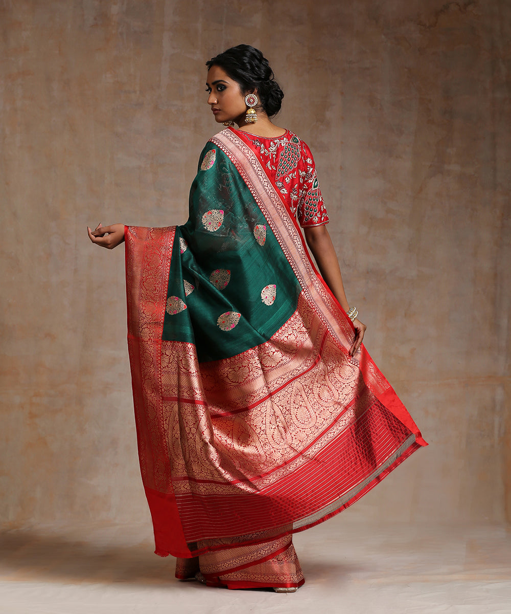 Dark_Green_Handloom_Tussar_Silk_Banarasi_Saree_With_Meenakari_And_Red_Border_WeaverStory_03