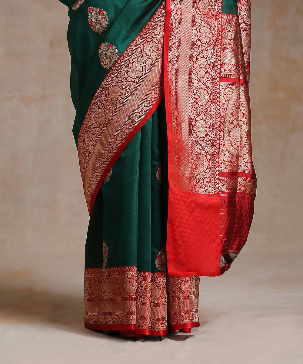 Dark_Green_Handloom_Tussar_Silk_Banarasi_Saree_With_Meenakari_And_Red_Border_WeaverStory_04