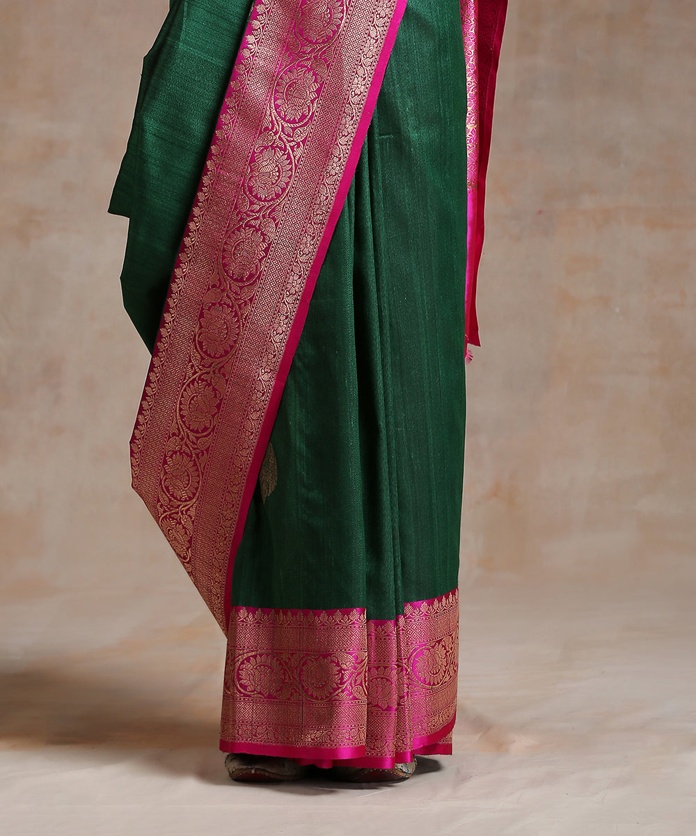 Dark_Green_Handloom_Tussar_Silk_Banarasi_Saree_With_Hot_Pink_Border_WeaverStory_04
