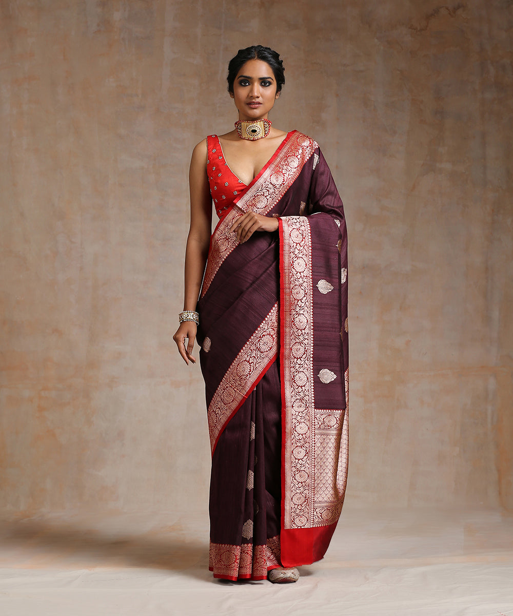 Handloom_Wine_Tussar_Silk_Kadhwa_Big_Booti_Red_Border_WeaverStory_02