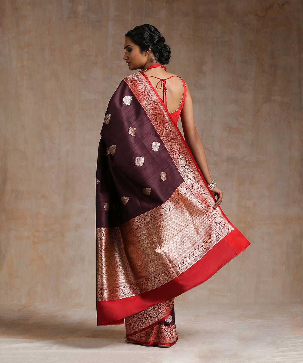 Handloom_Wine_Tussar_Silk_Kadhwa_Big_Booti_Red_Border_WeaverStory_03