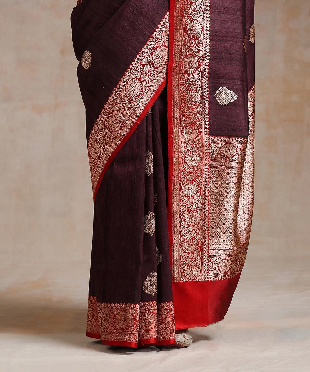 Handloom_Wine_Tussar_Silk_Kadhwa_Big_Booti_Red_Border_WeaverStory_04