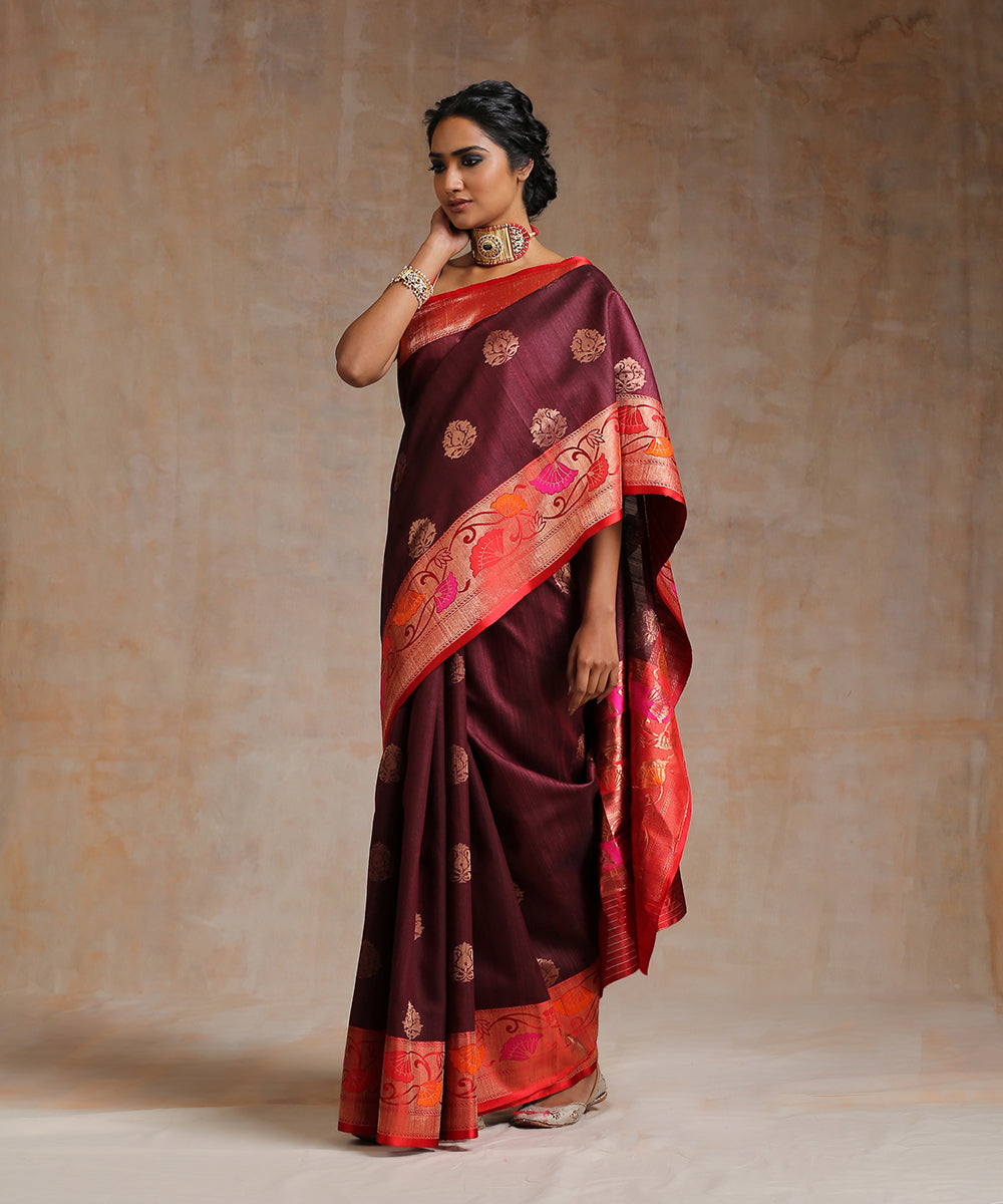 Maroon_Handloom_Tussar_Silk_Banarasi_Saree_With_Red_Border_WeaverStory_02
