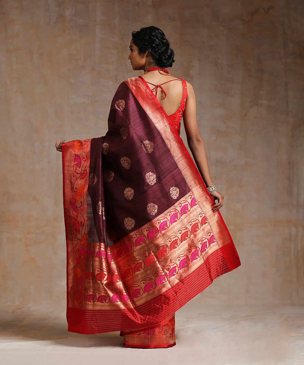 Maroon_Handloom_Tussar_Silk_Banarasi_Saree_With_Red_Border_WeaverStory_03