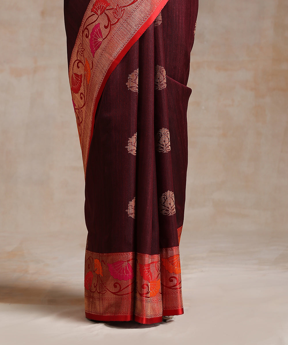 Maroon_Handloom_Tussar_Silk_Banarasi_Saree_With_Red_Border_WeaverStory_04