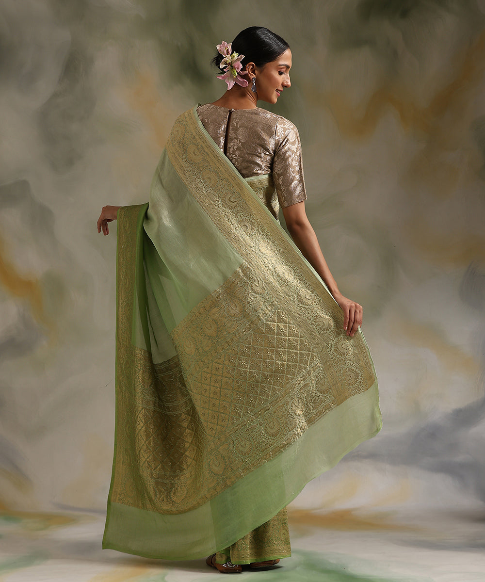 Pista_Handloom_Pure_Tissue_Georgette_Banarasi_Saree_With_Border_WeaverStory_03