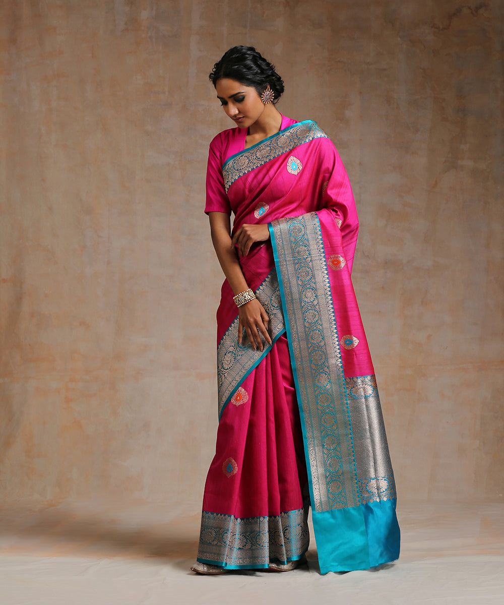 Hot_Pink_Handloom_Tussar_Silk_Banarasi_Saree_With_Pink_Border_WeaverStory_02