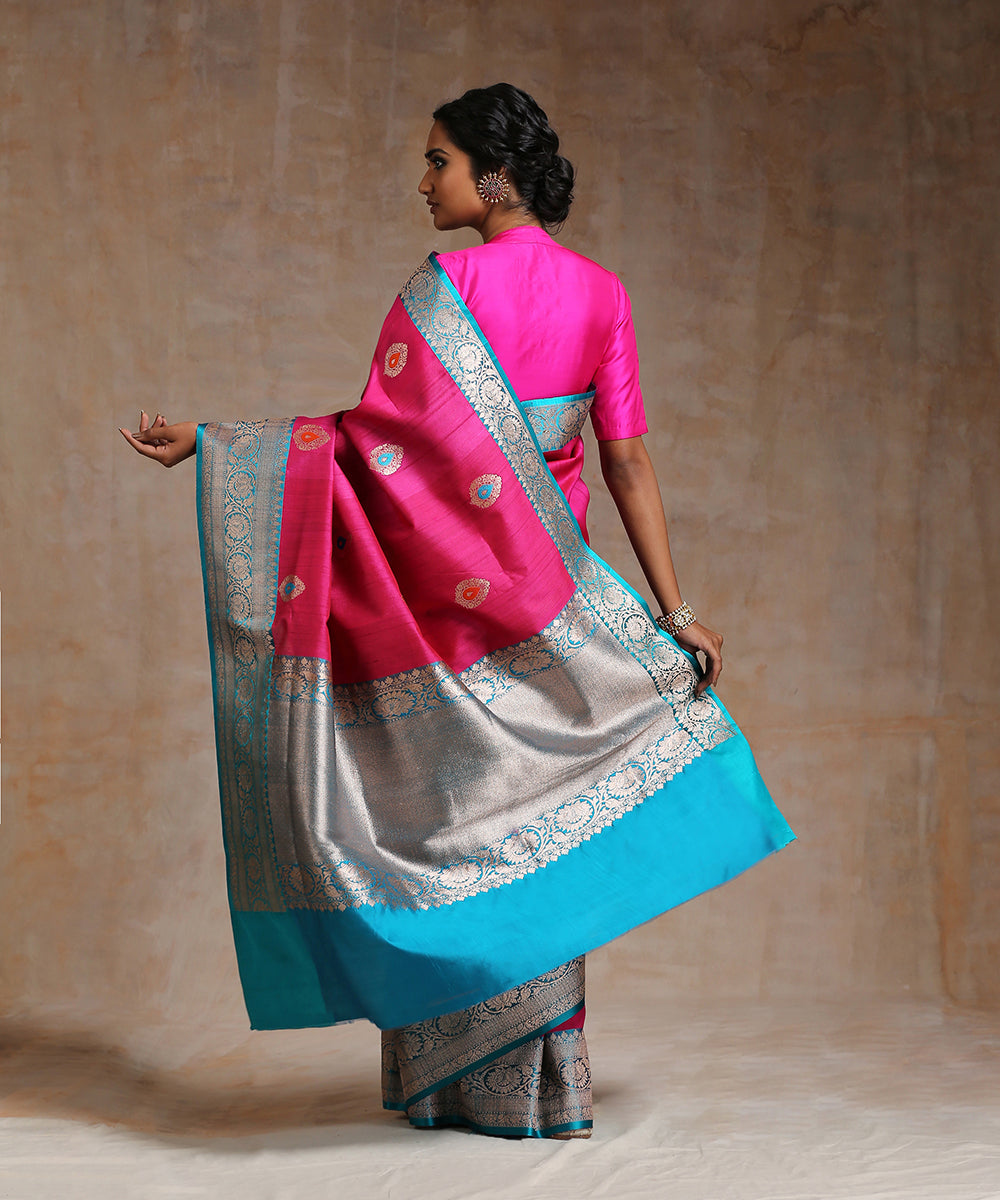 Hot_Pink_Handloom_Tussar_Silk_Banarasi_Saree_With_Pink_Border_WeaverStory_03