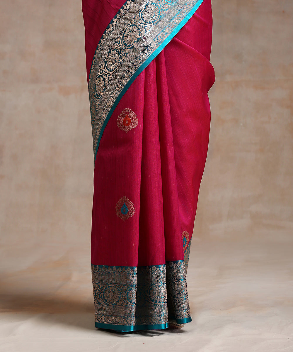 Hot_Pink_Handloom_Tussar_Silk_Banarasi_Saree_With_Pink_Border_WeaverStory_04
