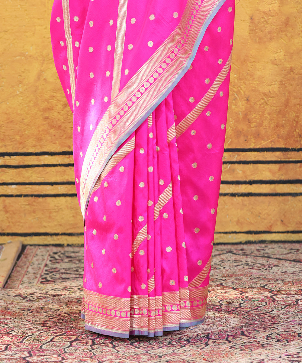 Hot_Pink_Handloom_Pure_Katan_Silk_Banarasi_Saree_With_Booti_With_Meena_Cutwork_Border_WeaverStory_04