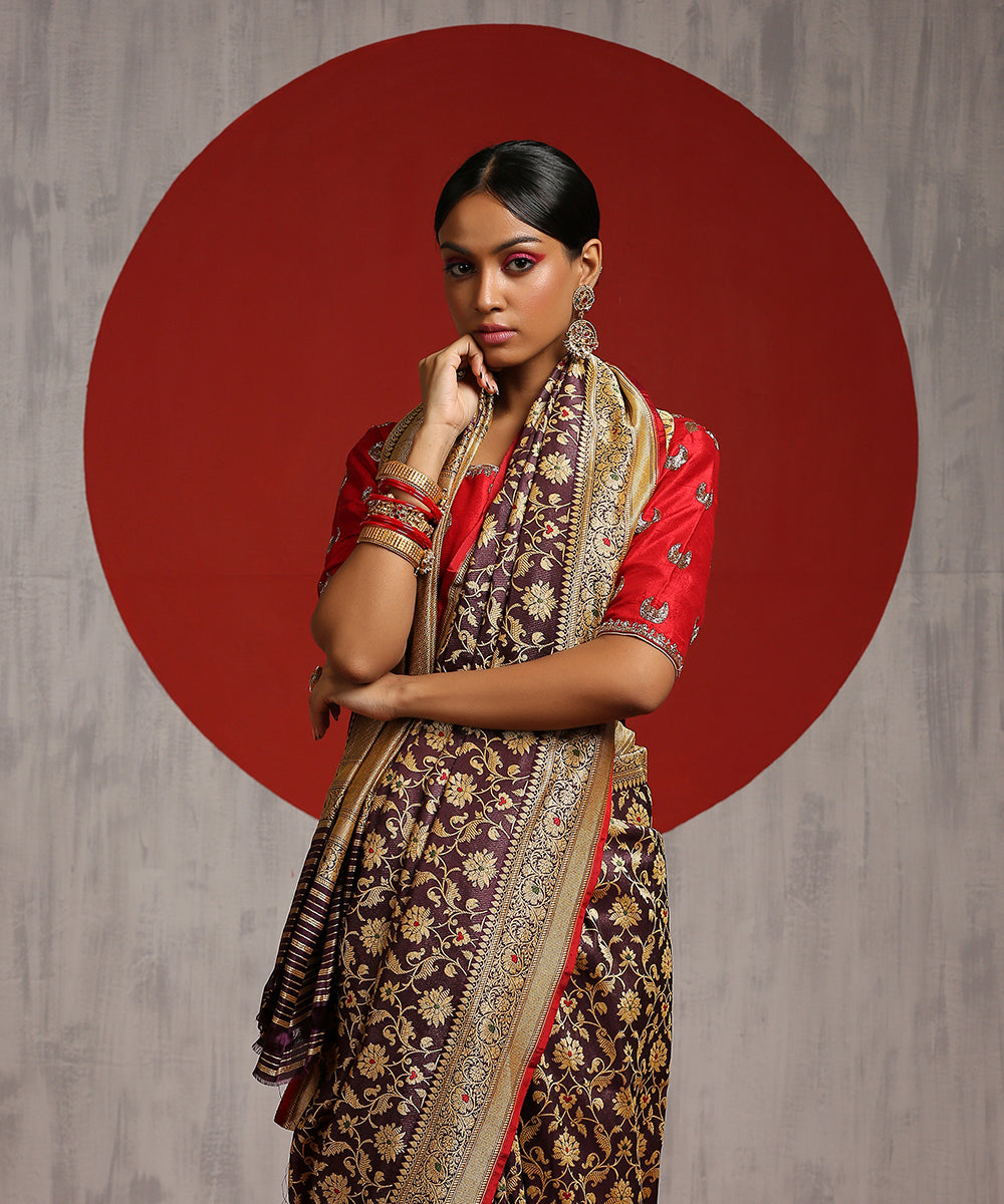 Handloom Dark Purple Pure Katan Silk Banarasi Saree With Red Selvedge