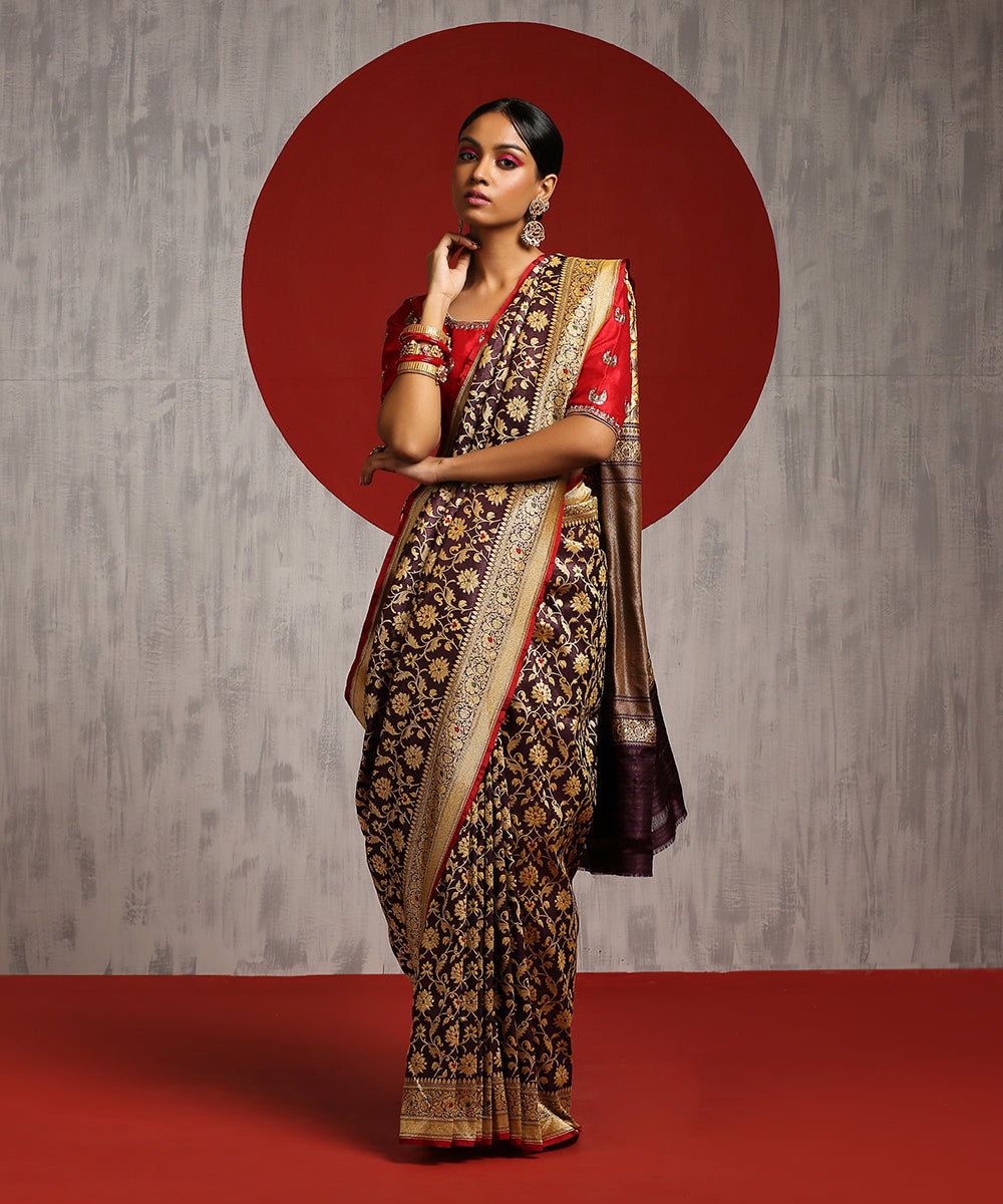 Handloom Dark Purple Pure Katan Silk Banarasi Saree With Red Selvedge