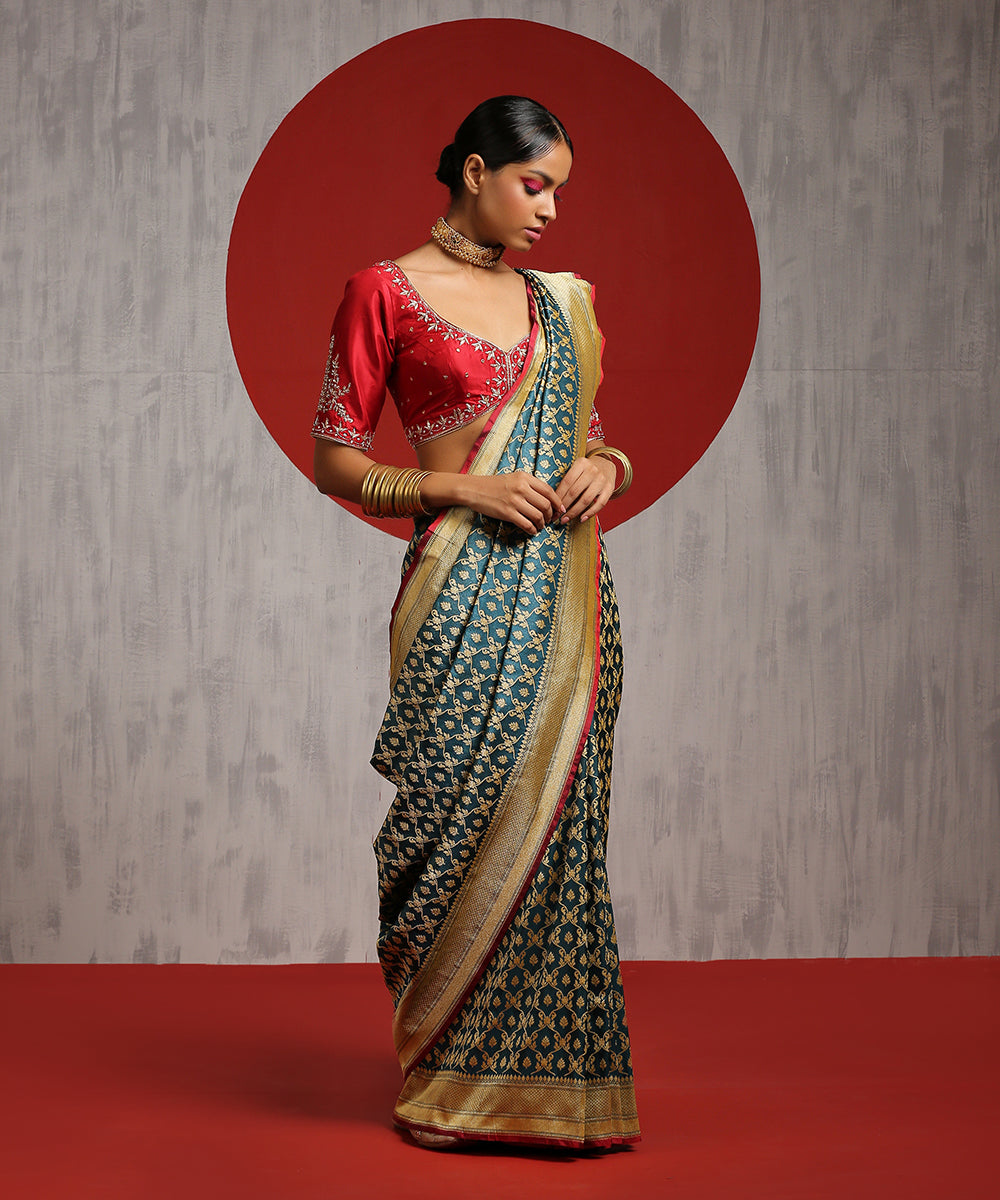 Handloom Teal Pure Katan Silk Banarasi Saree With Red Selvedge