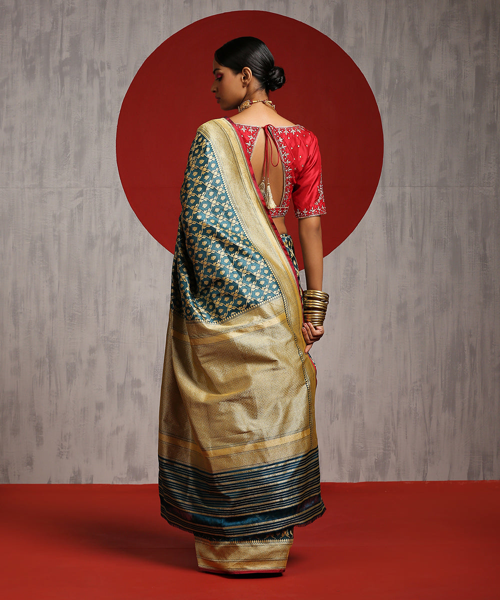 Handloom Teal Pure Katan Silk Banarasi Saree With Red Selvedge