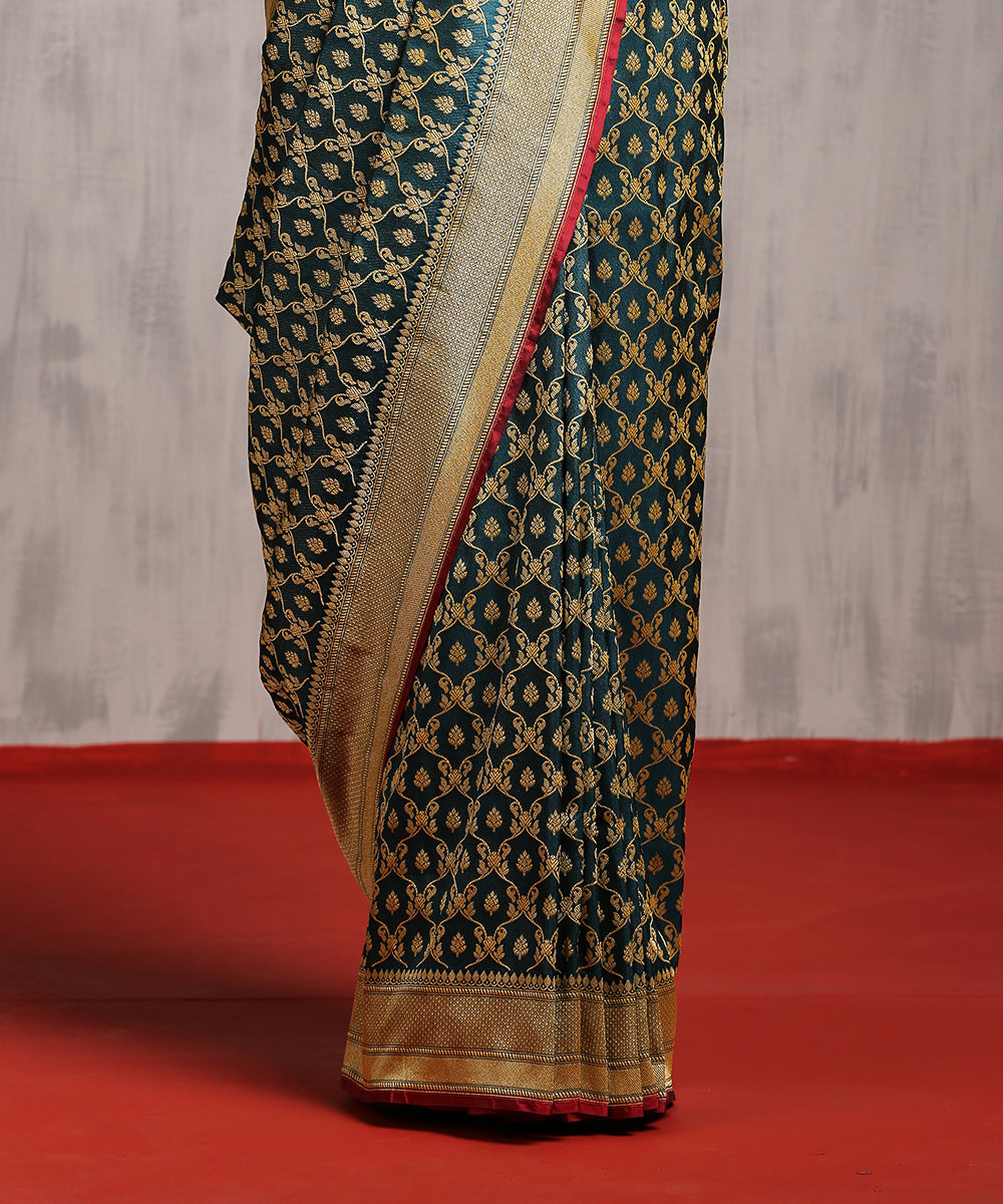 Handloom Teal Pure Katan Silk Banarasi Saree With Red Selvedge