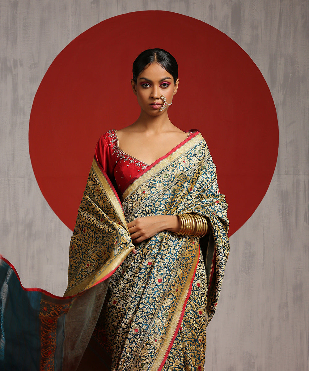 Teal Handloom Pure Katan Silk Banarasi Saree With Kimkhab Weave