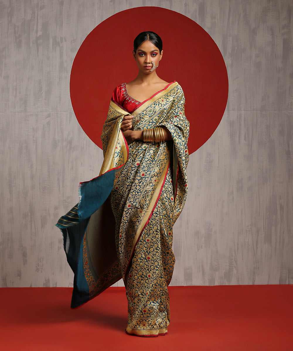 Teal Handloom Pure Katan Silk Banarasi Saree With Kimkhab Weave