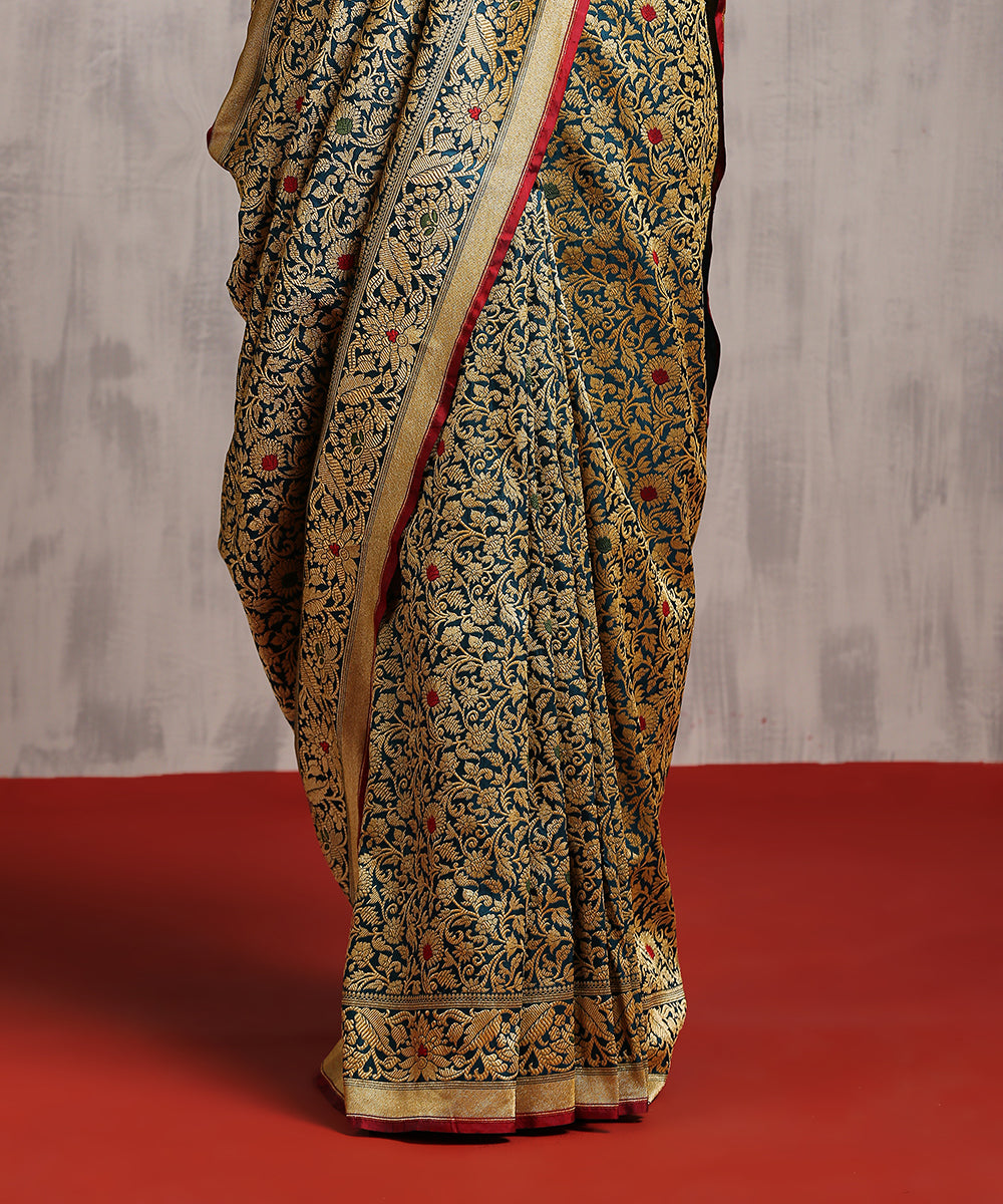 Teal Handloom Pure Katan Silk Banarasi Saree With Kimkhab Weave