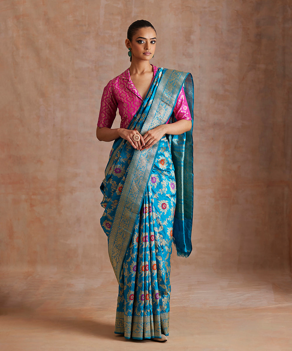 Blue_Handloom_Pure_Katan_Silk_Banarasi_Saree_With_Multicolor_Meena_Jaal_WeaverStory_02