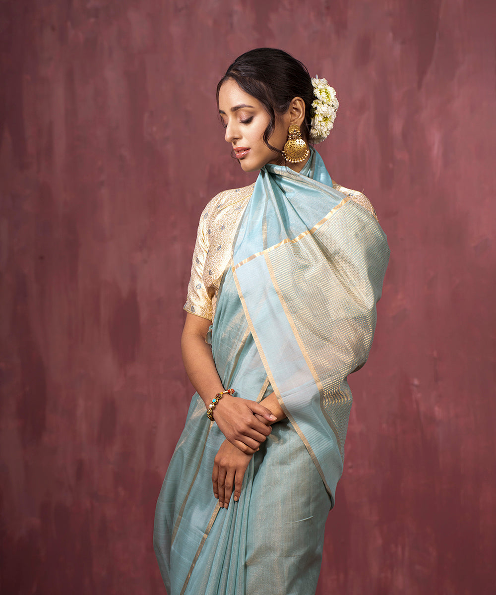 Handloom_Ice_blue_Tissue_Chanderi_Silk_Saree_With_Golden_Thin_Border_WeaverStory_01