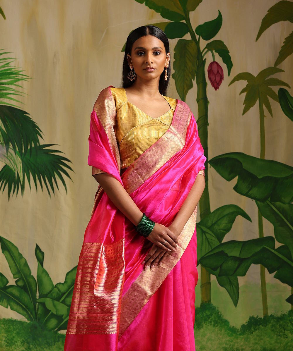 Handloom_Hot_Pink_Plain_Pure_Silk_Chanderi_Saree_With_Zari_Border_WeaverStory_01