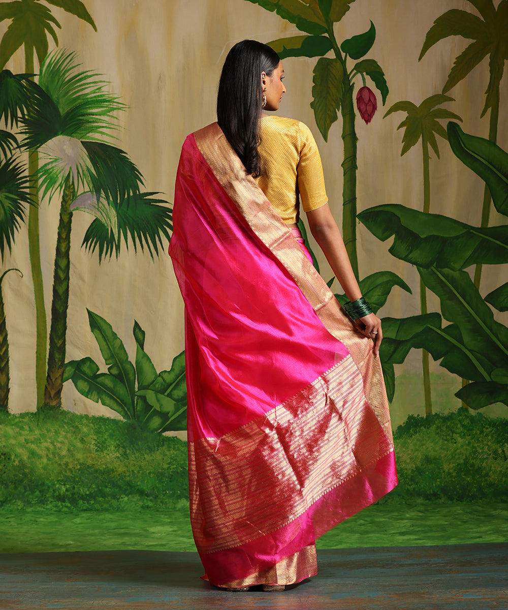 Handloom_Hot_Pink_Plain_Pure_Silk_Chanderi_Saree_With_Zari_Border_WeaverStory_03