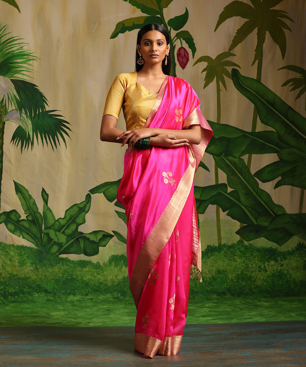 Hot_Pink_Handloom_Pure_Chanderi_Silk_Saree_With_Gold_Zari_Booti_WeaverStory_02