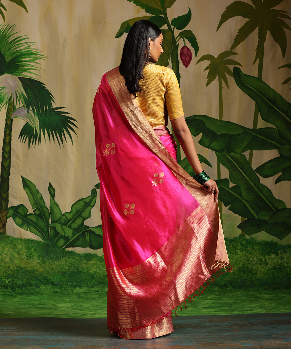 Hot_Pink_Handloom_Pure_Chanderi_Silk_Saree_With_Gold_Zari_Booti_WeaverStory_03