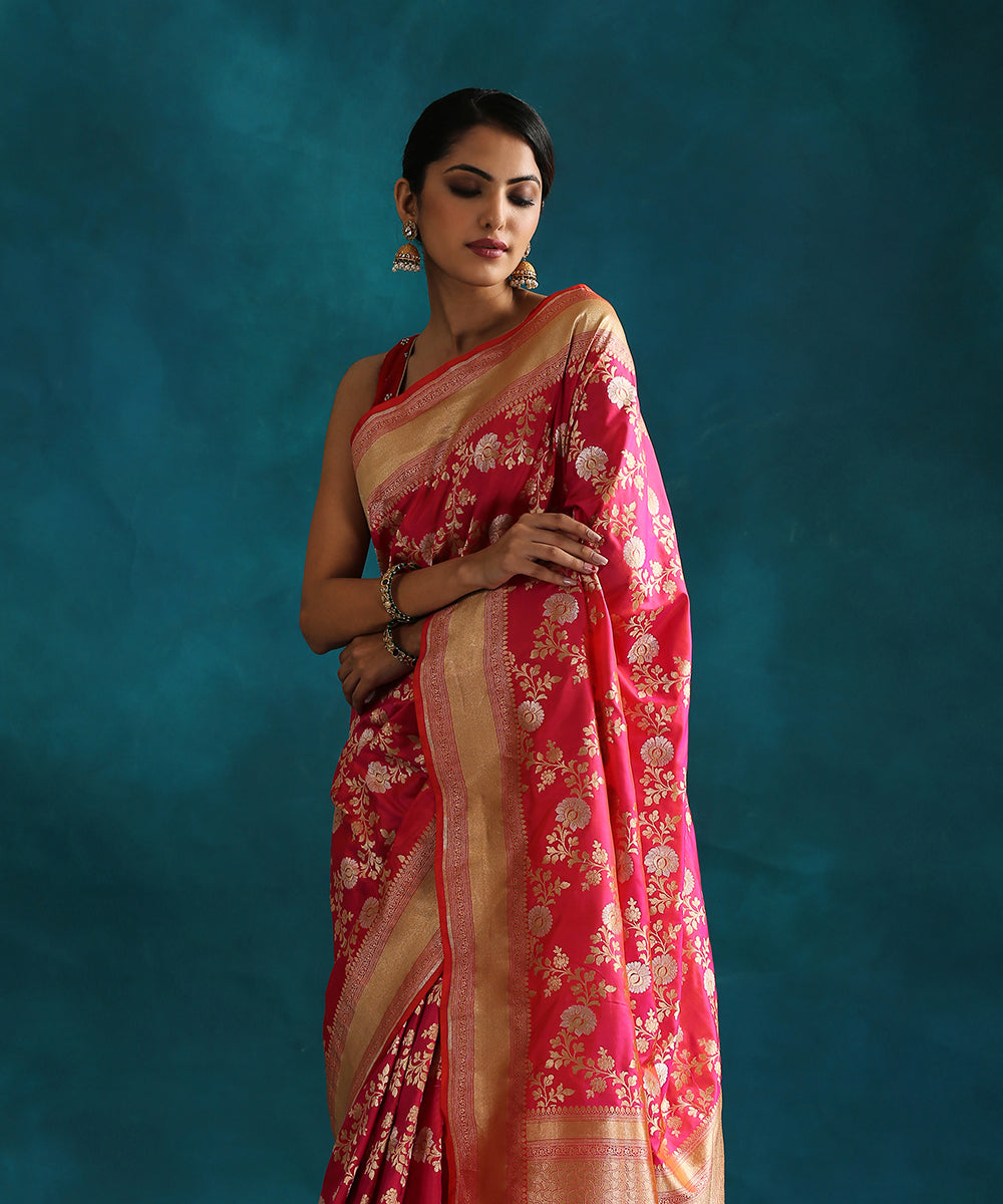 Hot_Pink_Handloom_Pure_Katan_Silk_Banarasi_Saree_With_Gold_And_Silver_Zari_Jaal_WeaverStory_01