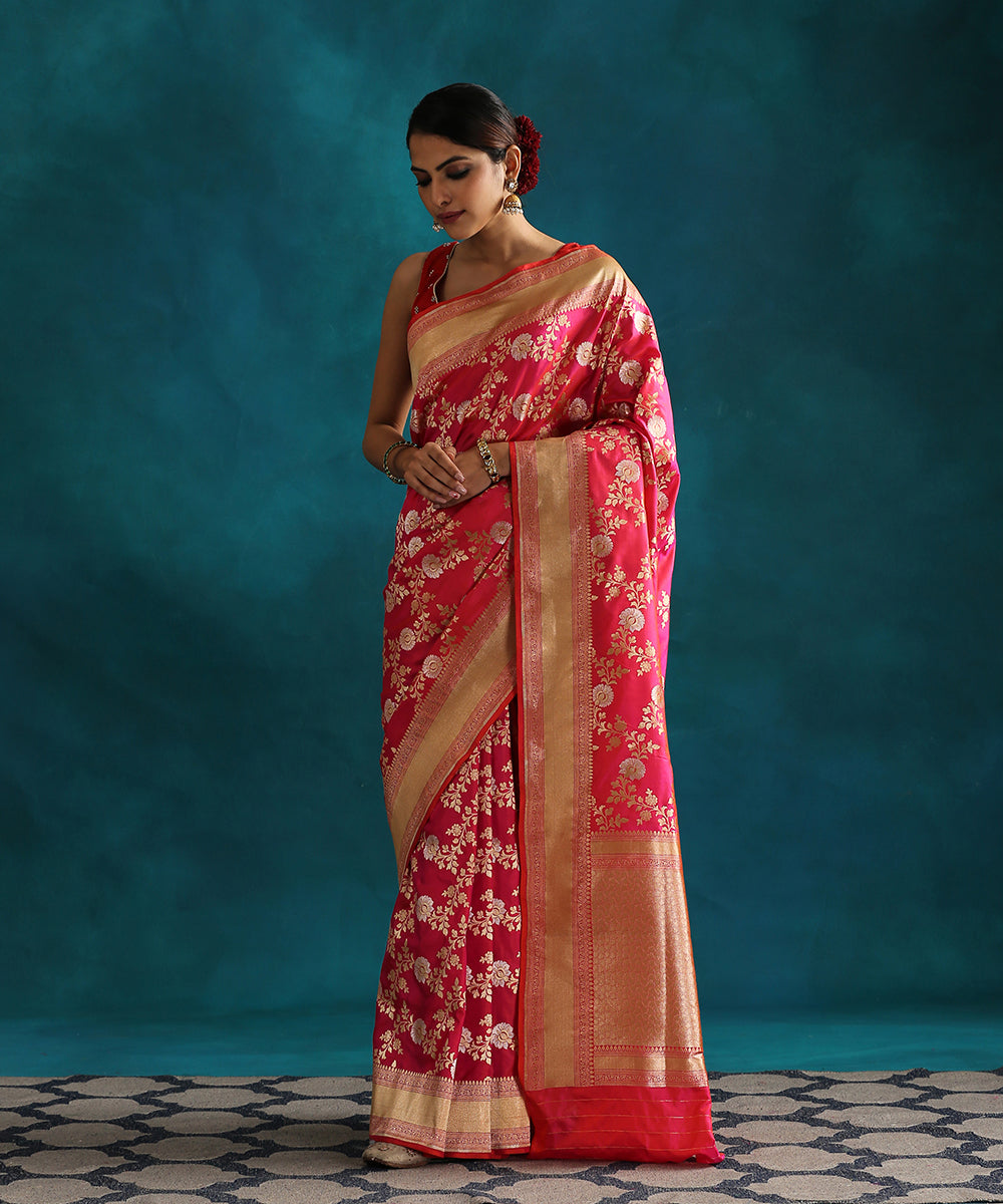 Hot_Pink_Handloom_Pure_Katan_Silk_Banarasi_Saree_With_Gold_And_Silver_Zari_Jaal_WeaverStory_02
