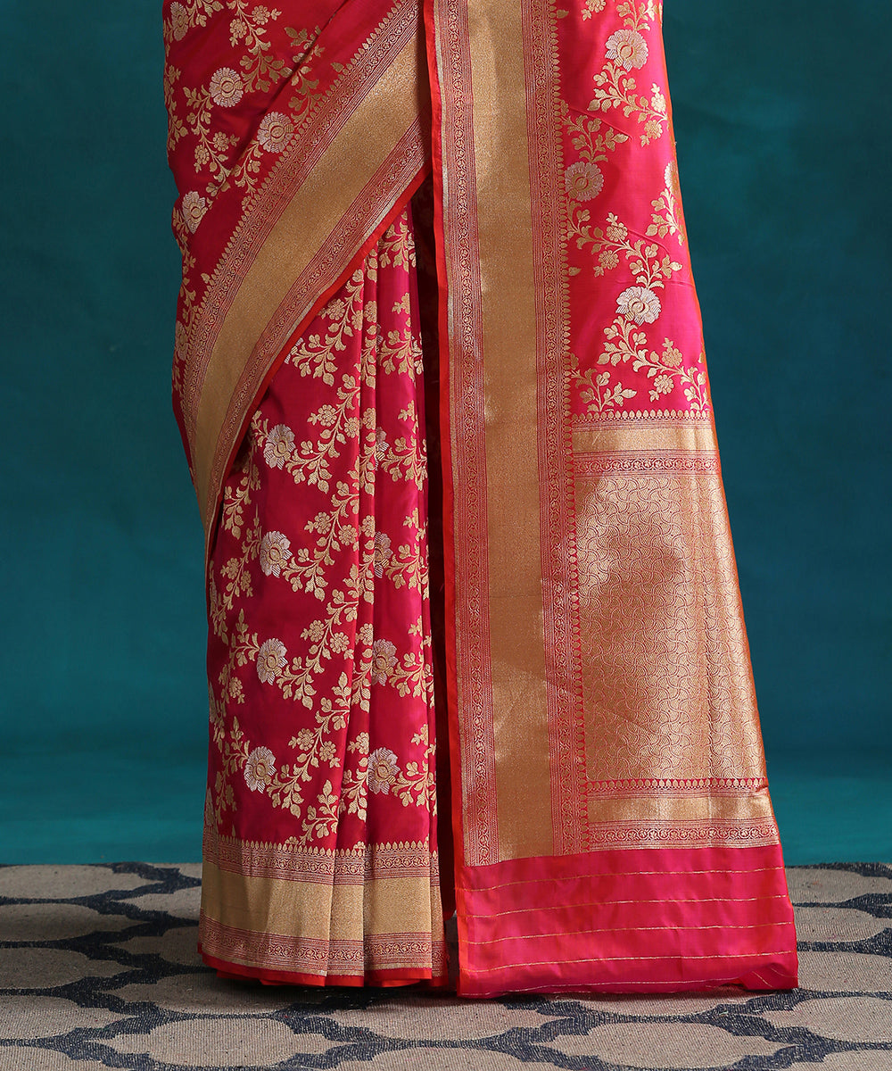 Hot_Pink_Handloom_Pure_Katan_Silk_Banarasi_Saree_With_Gold_And_Silver_Zari_Jaal_WeaverStory_04