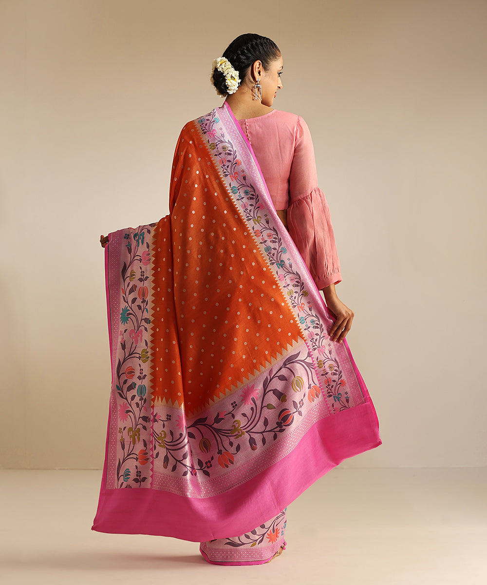 Orange_Handloom_Tussar_Georgette_Banarasi_Saree_With_Multi_Color_Meenakari_Border_WeaverStory_03