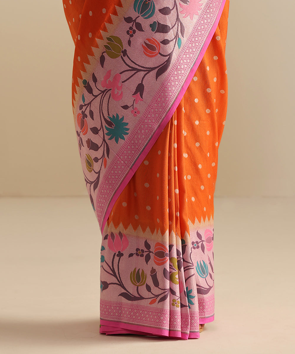 Orange_Handloom_Tussar_Georgette_Banarasi_Saree_With_Multi_Color_Meenakari_Border_WeaverStory_04