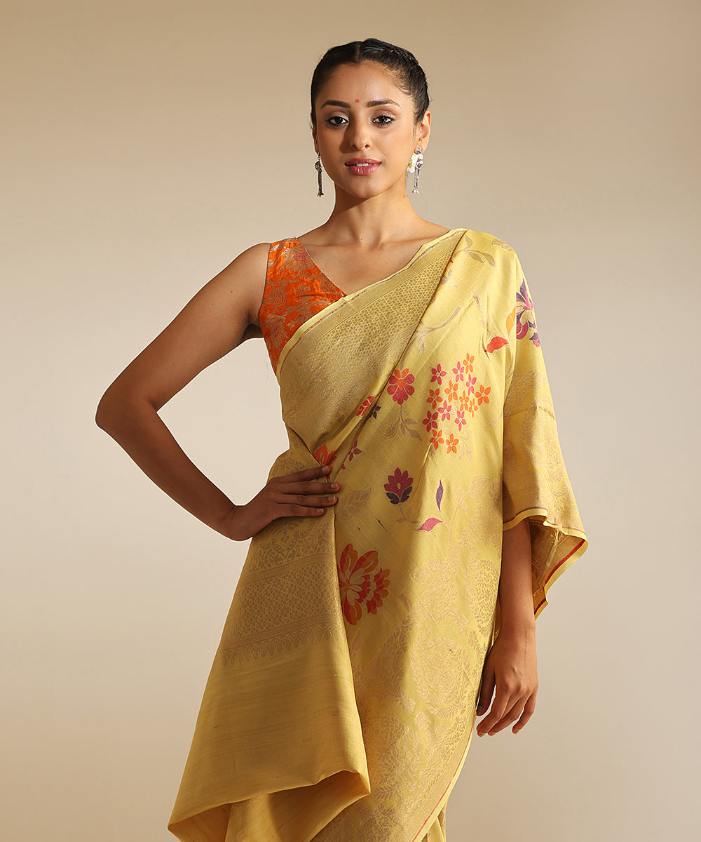 Handloom_Bright_Yellow_Tussar_Georgette_Banarasi_Saree_With_Multi_Color_Meenakari_Jaal_WeaverStory_01