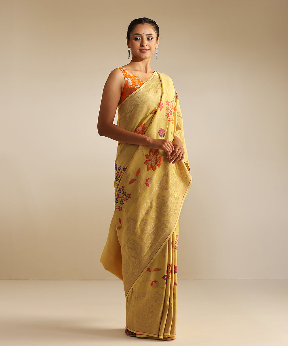 Handloom_Bright_Yellow_Tussar_Georgette_Banarasi_Saree_With_Multi_Color_Meenakari_Jaal_WeaverStory_02