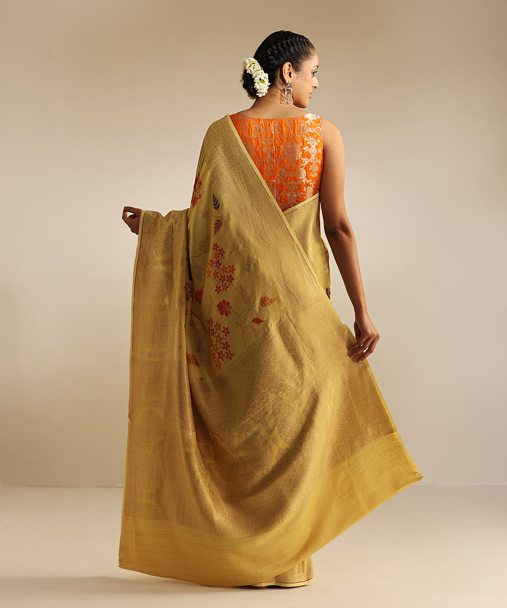 Handloom_Bright_Yellow_Tussar_Georgette_Banarasi_Saree_With_Multi_Color_Meenakari_Jaal_WeaverStory_03