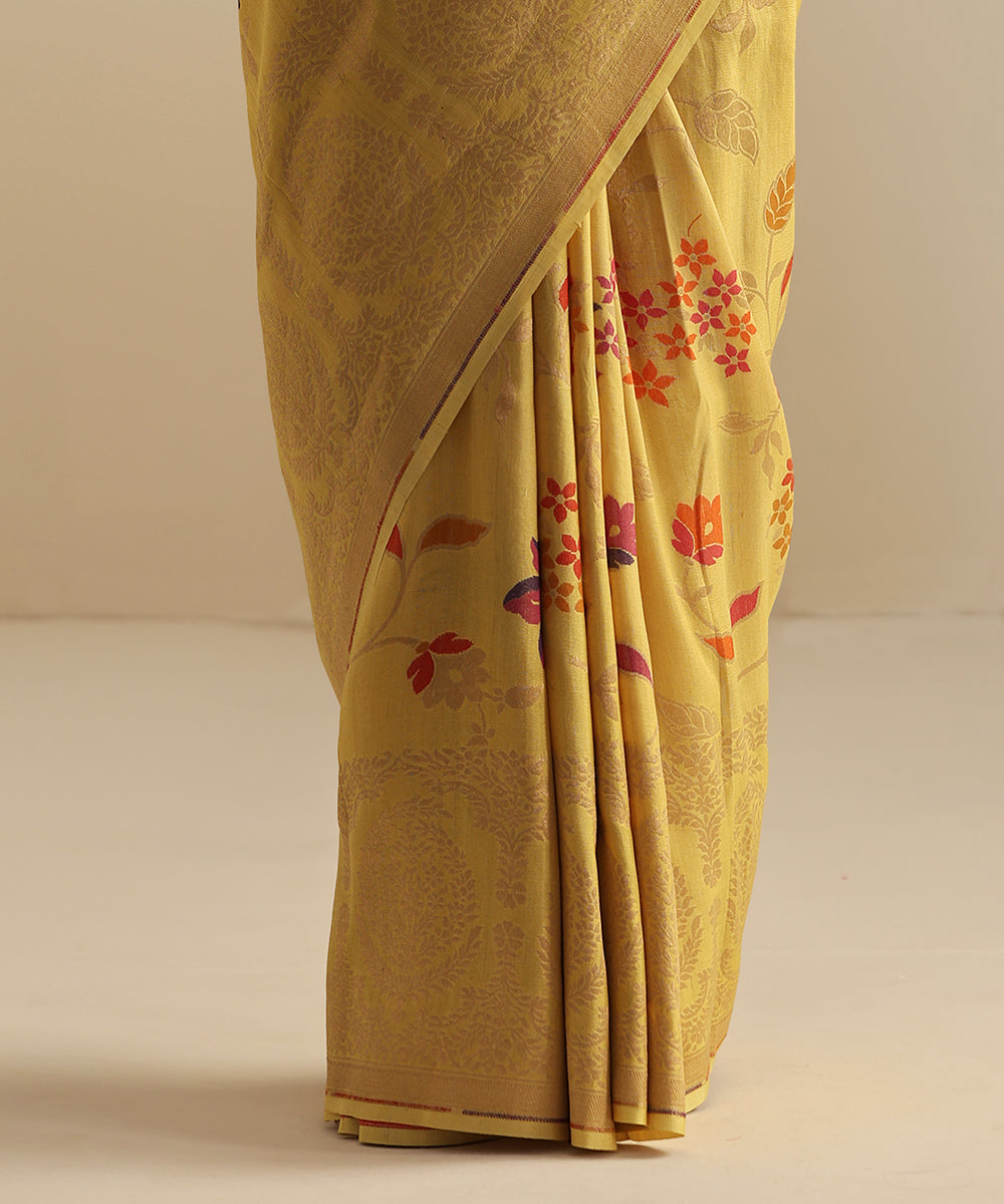 Handloom_Bright_Yellow_Tussar_Georgette_Banarasi_Saree_With_Multi_Color_Meenakari_Jaal_WeaverStory_04