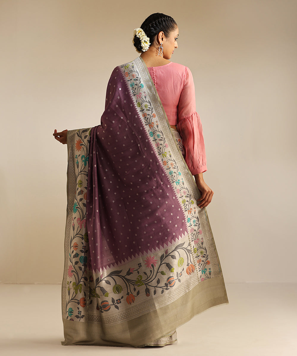 Handloom_Lavender_Tussar_Georgette_Banarasi_Saree_With_Silver_Booti_And_Multi_Color_Meenakari_Border_WeaverStory_03