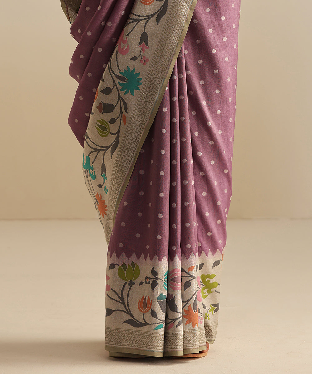 Handloom_Lavender_Tussar_Georgette_Banarasi_Saree_With_Silver_Booti_And_Multi_Color_Meenakari_Border_WeaverStory_04