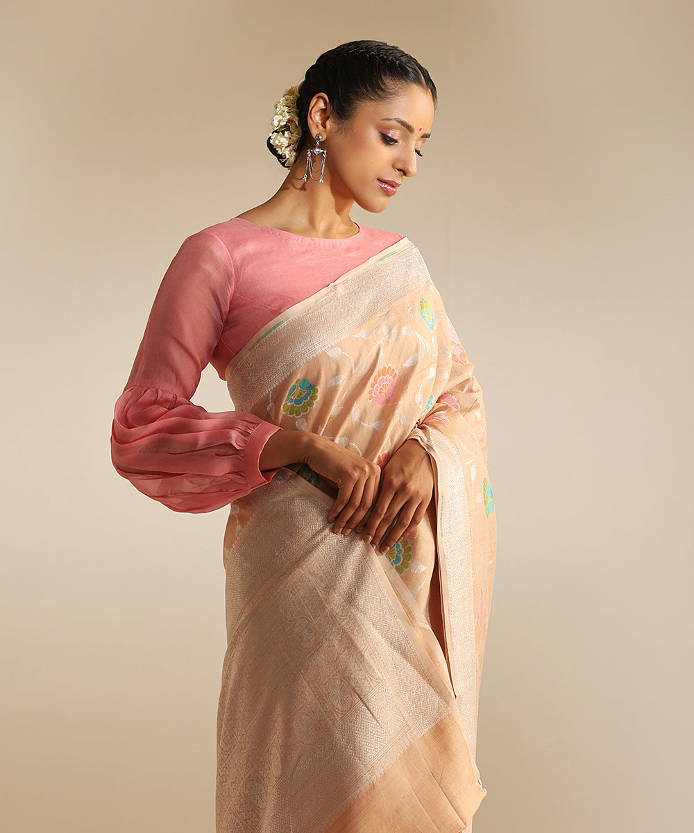 Tan_Handloom_Tussar_Georgette_Banarasi_Saree_With_Multi_Color_Meenakari_WeaverStory_01